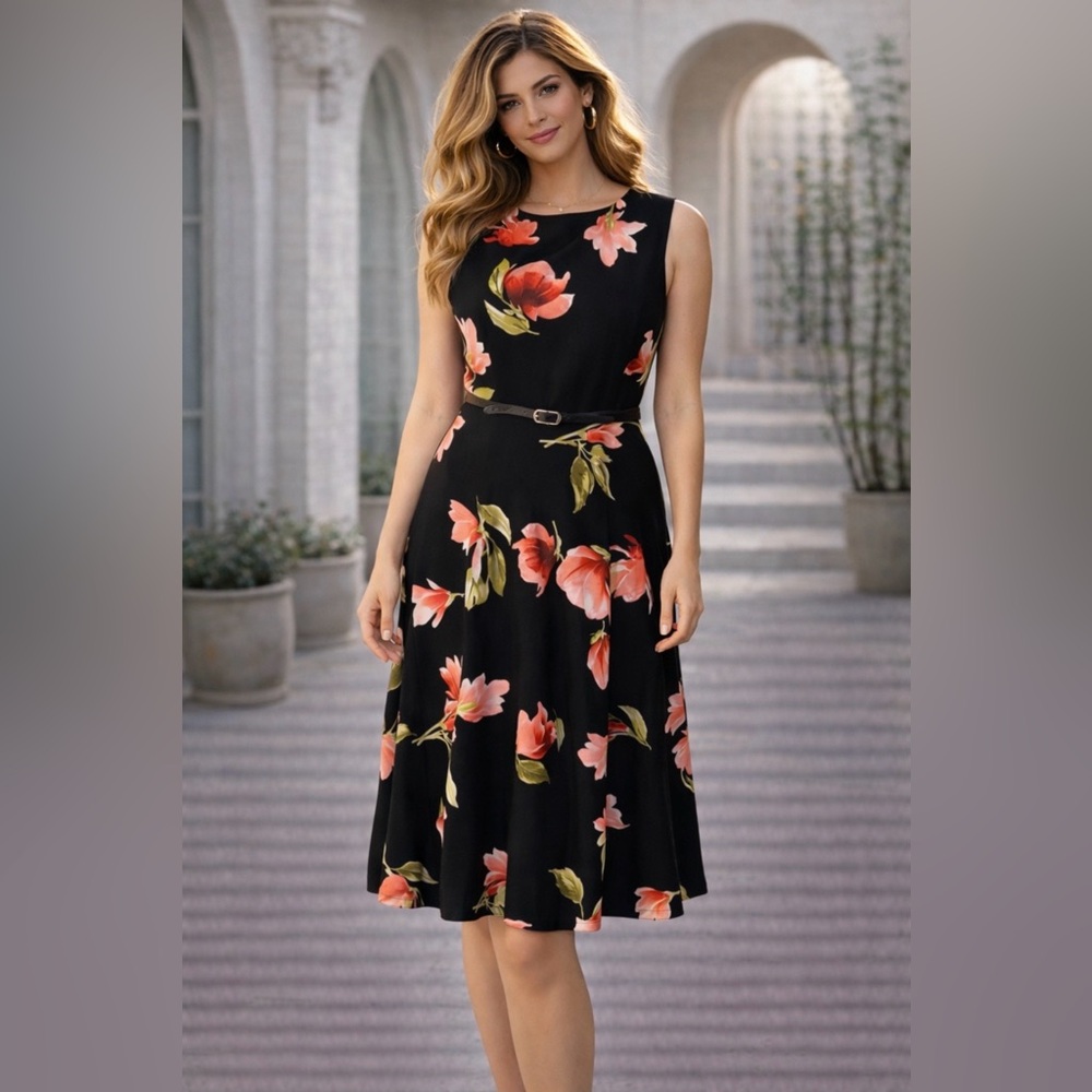 ALYX A Line Dress 10 Black Pink Floral A Line Stretch Career Church NWT